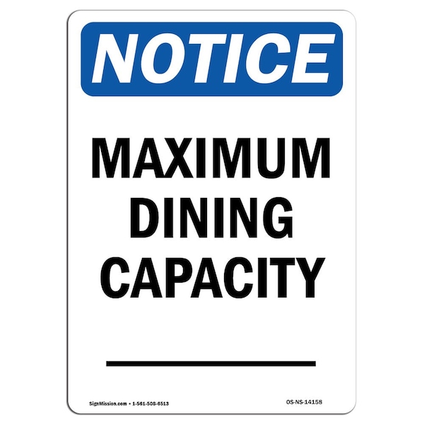Safety Sign, OSHA Notice, 5" Height, Maximum Dining Capacity Sign, Portrait, 10PK